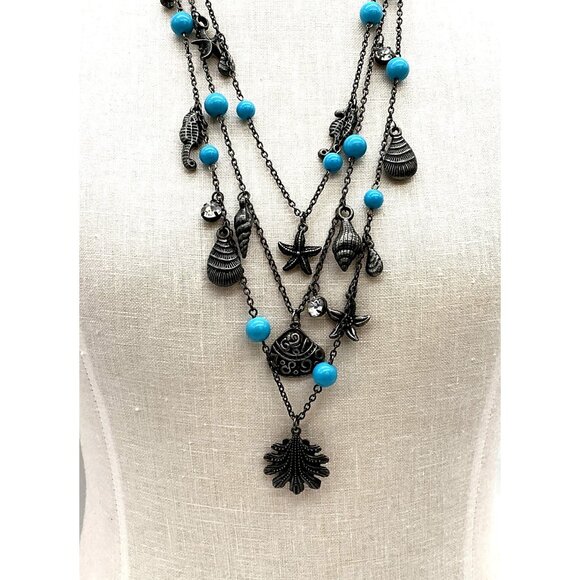 Layered Seashell & Starfish Charms Necklace With Faux Turquoise Beads - Picture 5 of 5